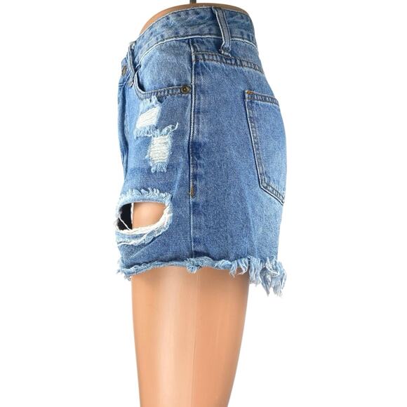 Windsor Blue Frayed Raw Hem Distressed High Waist Denim Jeans Cutoff Shorts Sz S - Picture 2 of 5